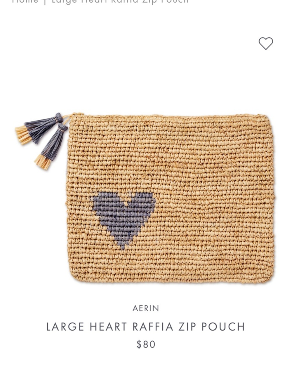 Aerin Natural Raffia Zip Pouch with Green Heart